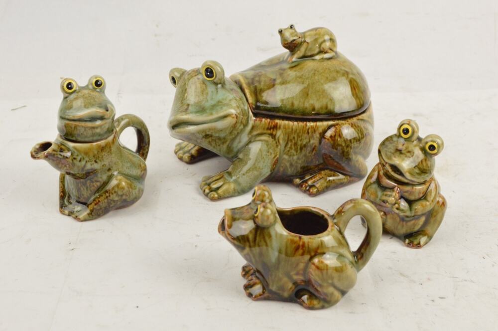 Frog Ceramic Tea Condiment Set x4 Lidded Bowl Sugar Creamer Green Glazed Pottery